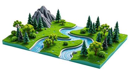 Nature scene with river and mountains forest landscape 3d illustration outdoor aerial view tranquility and exploration