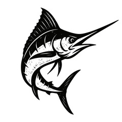 Dynamic Black & White Marlin / Swordfish Illustration - Striking Ocean Predator Art - Vintage Style Marine Life Design - Perfect for Fishing Enthusiast Apparel, Decals, Logos, & Nautical Decor. Exquis