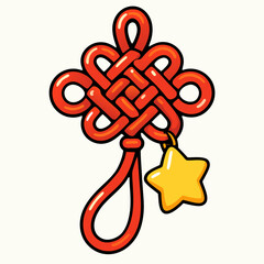 A traditional red Chinese knot with a golden star charm hanging from it, symbolizing good luck and prosperity.