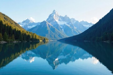 Fototapeta premium A tranquil lake reflecting a serene mountain range under a clear sky, untouched natural beauty at its finest Perfect for meditation, relaxation, and nature themes , travel, peaceful, awesome