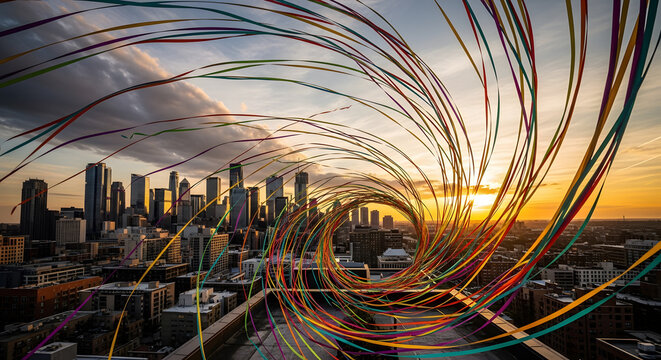 Colorful swirling light trails spin over a modern city skyline at sunset, creating a dynamic futuristic urban scene.