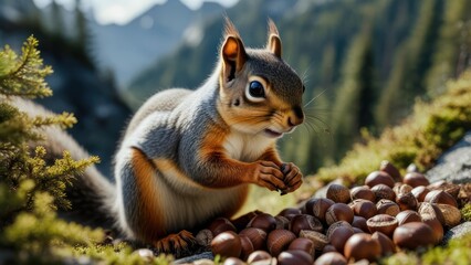 Squirrel eating nuts in mountain landscape