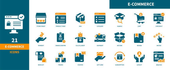 E-commerce icon set. Containing online shop, marketplace, payment, delivery, and transaction icons. Solid icon collection.