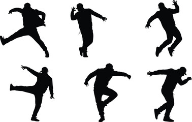 Silhouette of man dancing hip hop, street dance moves, breakdance, modern urban performance, freestyle dancer, energetic motion, stylish choreography