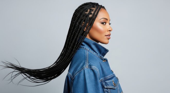 Stylish Woman with Long Box Braids in Denim Jacket