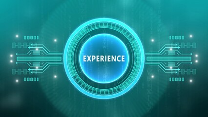 Teal digital circuit board with the word EXPERIENCE in a glowing central circle experience technology