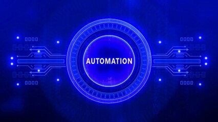 Futuristic blue digital circuit board with the word AUTOMATION in a glowing central circle automation
