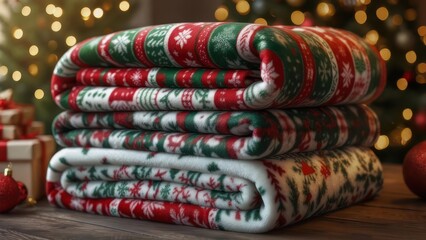 Stacked Christmas blankets with holiday decorations