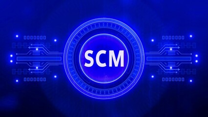 Abstract blue digital circuit board with SCM acronym in glowing circle supply chain management technology