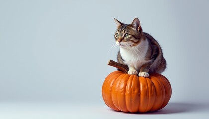 Playful cat on a pumpkin indoor setting pet photography minimalist background whimsical concept