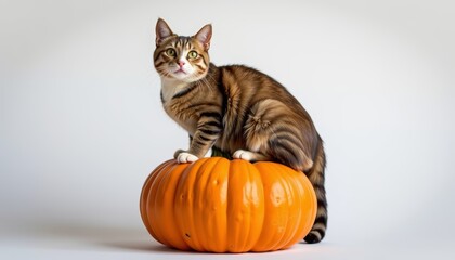Playful cat sitting on a pumpkin indoor studio animal photography whimsical environment close-up view seasonal concept