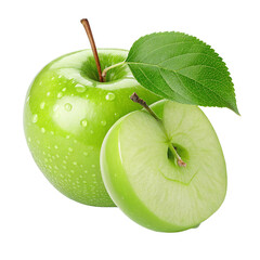 Fresh green apple with leaf and water droplets perfectly sliced for healthy snack and nutrition