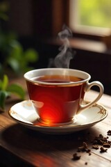 Fototapeta premium Steaming cup of black tea, rich amber liquid, elegant teacup and saucer, tea leaves scattered nearby, cozy atmosphere, warm light , dark tea, afternoon