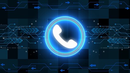 Glowing Blue Neon Phone Icon with Digital Circuitry and Binary Code on Dark Grid Background abstract