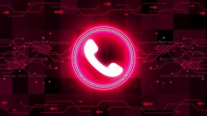 Glowing red telephone icon on a digital circuit board background with binary code and arrows symbol communication