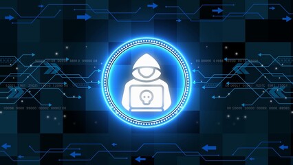 Blue Neon Hacker Icon with Skull Symbol on Laptop on Digital Circuit Background cybercrime security