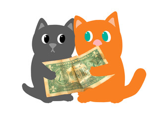 Funny kittens share one dollar
