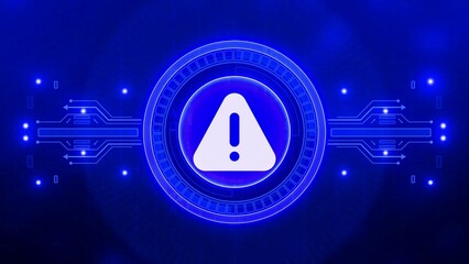 Digital Blue Exclamation Mark Warning Symbol on Futuristic Circuit Board Background alert danger