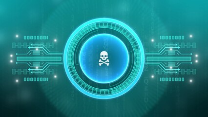 Cyan Skull and Crossbones Symbol on Futuristic Circuit Board Background with Digital Data danger poison