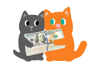 Cartoon kittens divide a stack of hundred dollar bills
