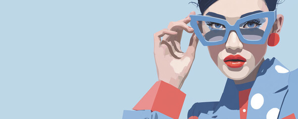 Stylish confident woman adjusting sunglasses in modern portrait. Concept of fashion, individuality, and female empowerment.