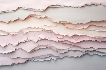 Fototapeta premium A layered abstract composition of torn paper in soft, pastel shades of pink, beige, and gray, creating a delicate and serene visual effect.