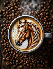A cup of coffee with latte art in the shape of a horse's head surrounded by coffee beans
