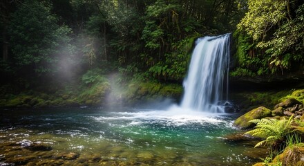 Obraz premium Ethereal Waterfall Cascading into a Sunlit Emerald Pool in a Lush Rainforest.