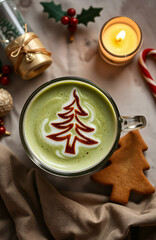 A mug of matcha tea with a Christmas tree painted on it in chocolate syrup
