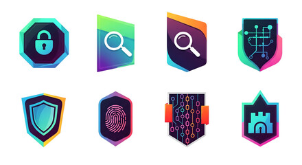 Cybersecurity icons set with digital shields isolated on transparent background