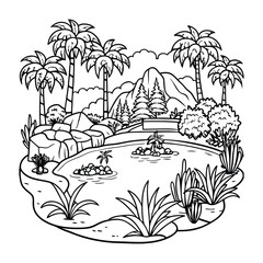 Lagoon kids vector line art t shirt silhouette design, high-quality detailed artwork for adult coloring books, printable therapy activities, relaxation, and stress relief.