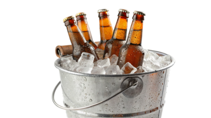 Refreshing cold beer bottles in ice bucket for party or event chilling with condensation droplets