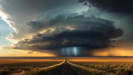 Storm clouds over prairie road with lightning