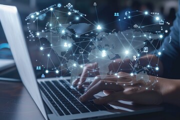 Person's hands typing on a laptop with a digital world map and network connections overlaid