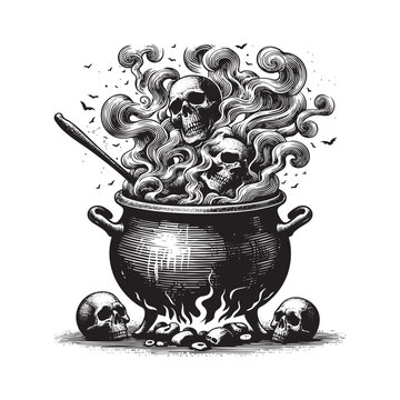 Black and white witch cauldron Vector black vintage engraving isolated on white