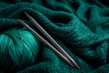 A close-up of knitting needles, a ball of yarn, and emerald-colored knitted fabric
