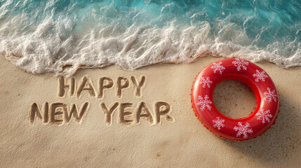 A Happy New Year text on the golden sand of a beach, next to an inflatable ring with snowflakes
