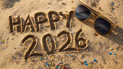 The text "Happy 2026" is written in the sand, surrounded by remnants of confetti and sunglasses.
