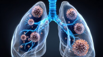 A detailed illustration of human lungs showcasing virus particles, emphasizing the impact of respiratory diseases and the importance of lung health in scientific research.