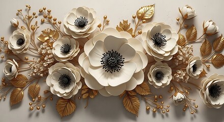 Elegant white paper flowers with gold accents, isolated on white background