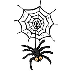 Cartoon Style Cute Detailed Spider on Web Halloween Illustration