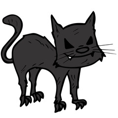 Handdrawn Cartoon Grumpy Black Cat with Fangs Illustration Animal