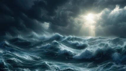 Stormy ocean waves under dark clouds