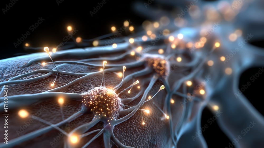 Wall mural a close-up view of neurons in the brain, showcasing the intricate web of connections and glowing syn