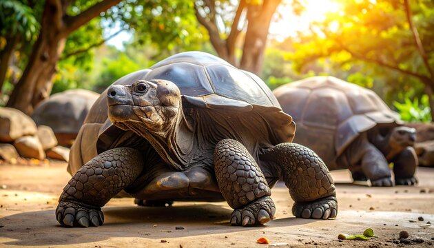 Two large tortoises on a path, sunny day