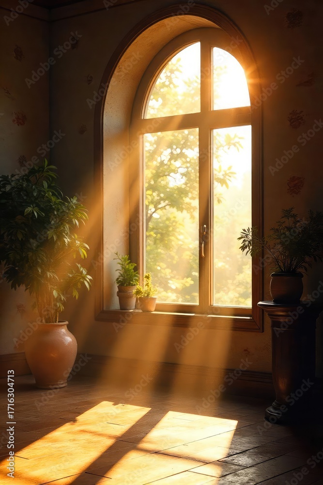 Poster sunlight streams through a large window, illuminating dust motes dancing in the golden light a soft,