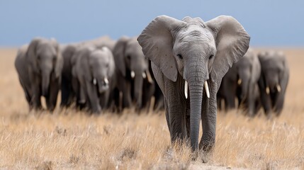 Fototapeta premium A majestic elephant leads its herd across the arid landscape, showcasing the beauty and strength of wildlife. This stunning scene captures the essence of nature's wonders.