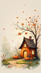 Enchanted pumpkin house in autumn forest with falling leaves and warm glow