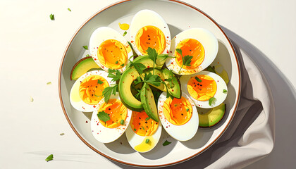 Boiled eggs with avocado slices