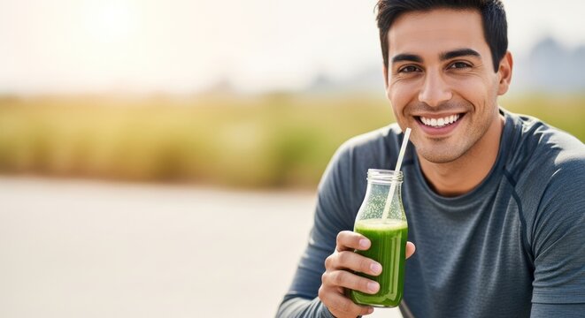 A man in a blue shirt holding a green smoothie with a straw.